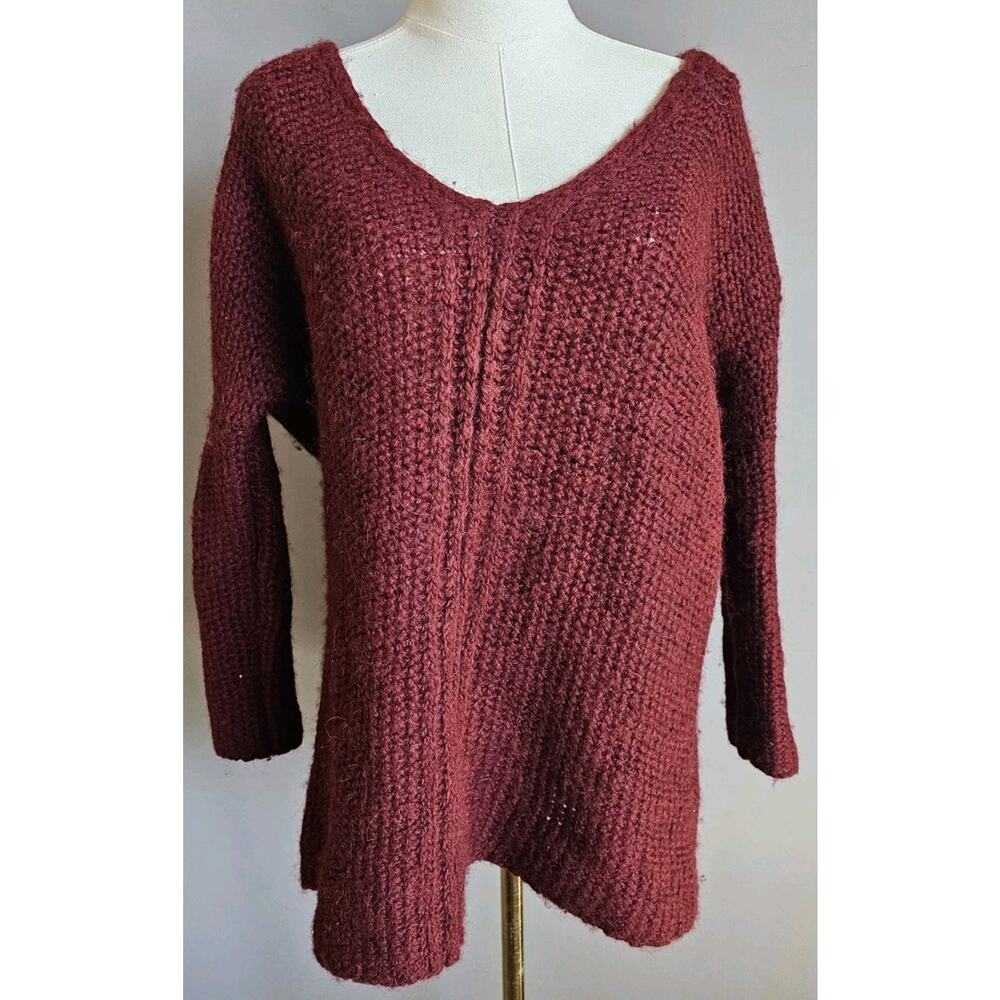 Moth (Anthropologie) Oversized Knit Sweater Burgundy Alpaca V-Neck Pullover Sz S